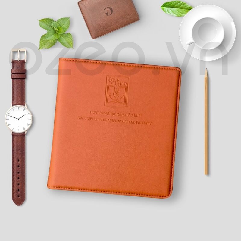 Notebook with leather cover and heat-pressed logo