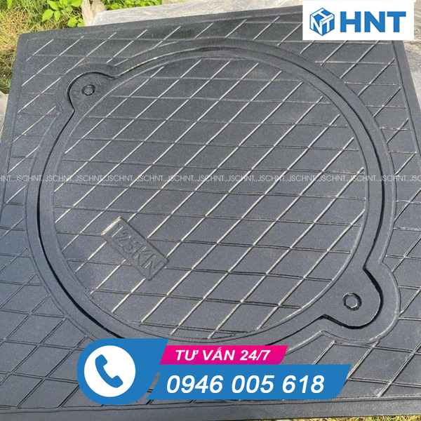 Raised round composite manhole cover with square frame