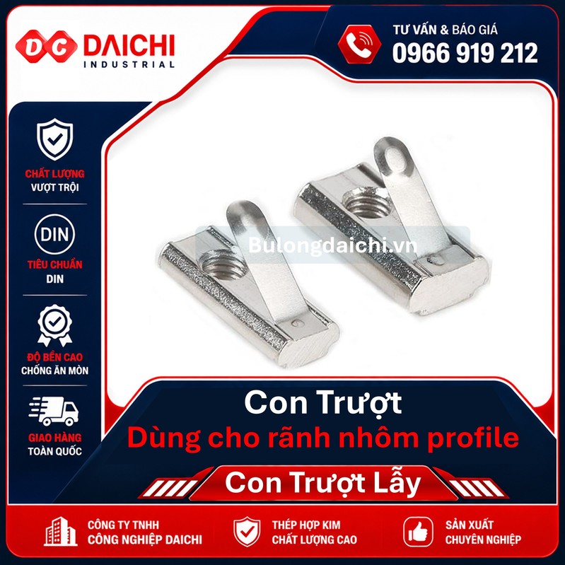 Spring-loaded T-nut for aluminum profiles (sizes 20, 30, 40, 45, 50, 60)