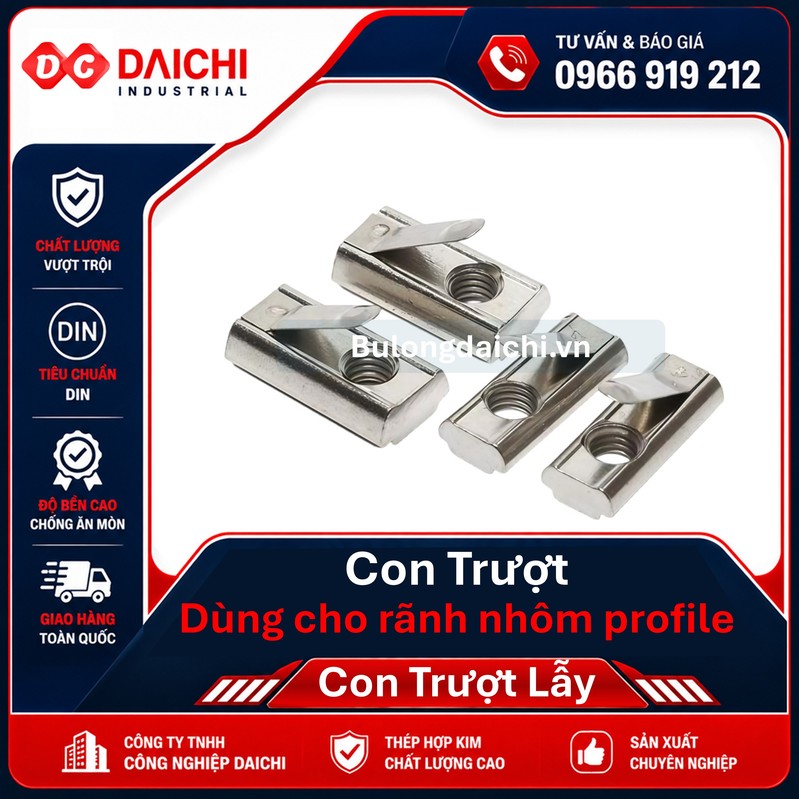 Spring-loaded T-nut for aluminum profiles (sizes 20, 30, 40, 45, 50, 60)