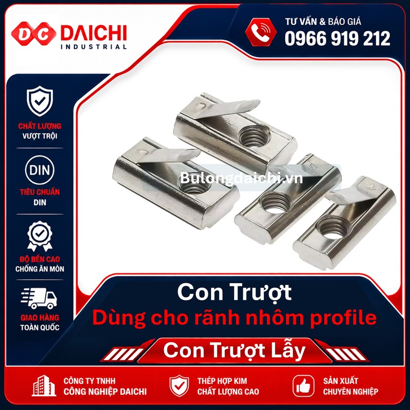 Spring-loaded T-nut for aluminum profiles (sizes 20, 30, 40, 45, 50, 60)