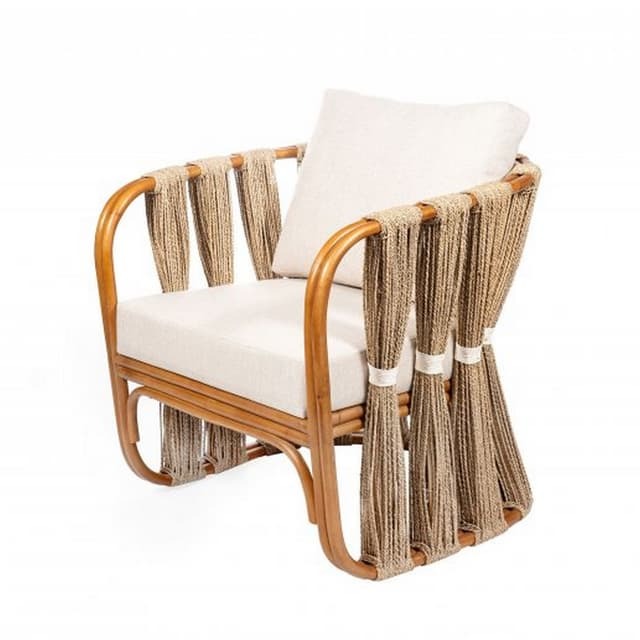 Rattan armchair with rope-woven sides and cushion