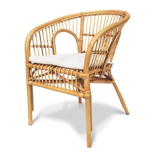 Rattan armchair with vertical slat backrest and seat cushion