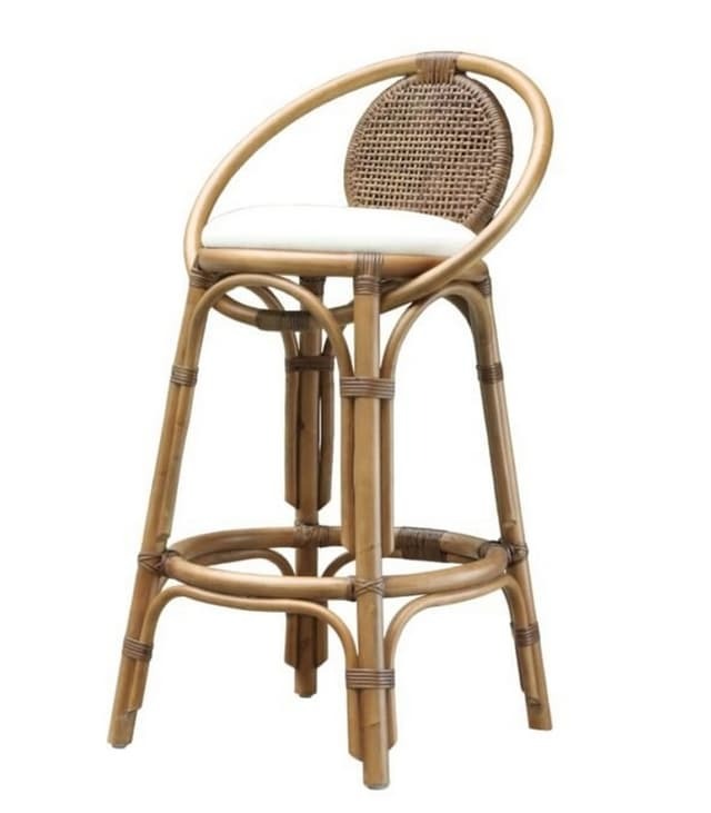 Rattan bar stool with backrest and cushioned seat