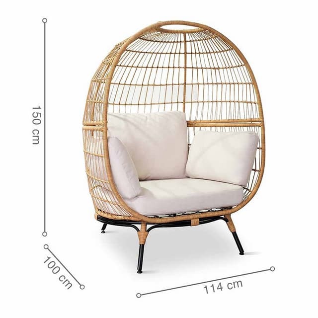 Rattan egg-shaped lounge chair with cushions