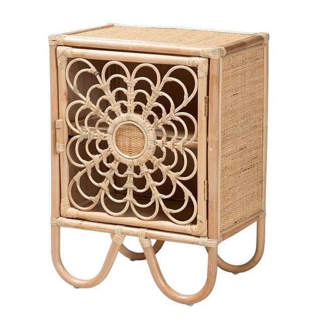 Nightstand with a decorative woven floral-patterned door