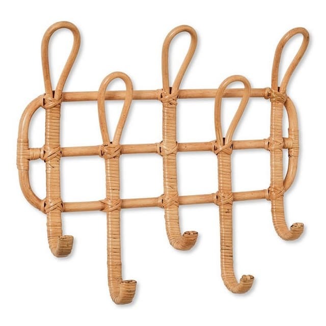 Rattan wall-mounted hook rack with a woven grid design
