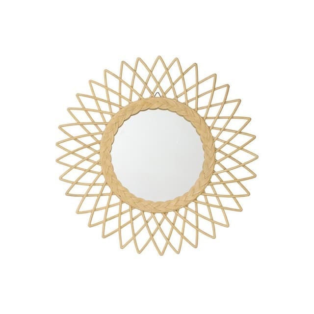 Round rattan wall mirror with a sunburst-style frame