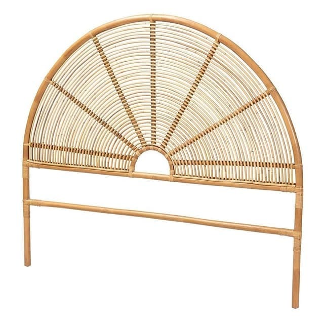 Semi-circle rattan bed headboard with a fan-like woven design