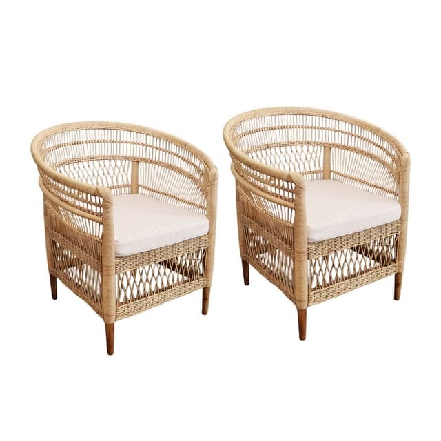 Simple style pair of rattan armchairs with cushions