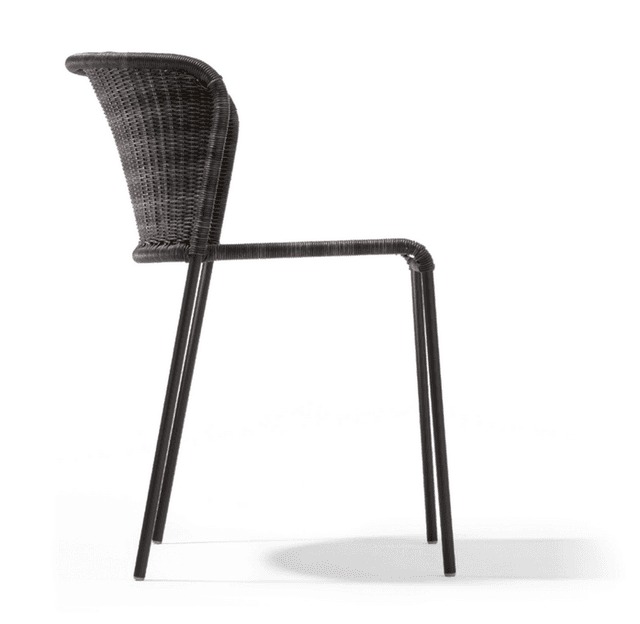 Stackable black woven rattan dining chair with metal legs