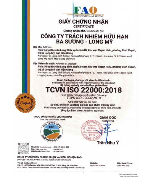 ISO 22000-2018 certificate