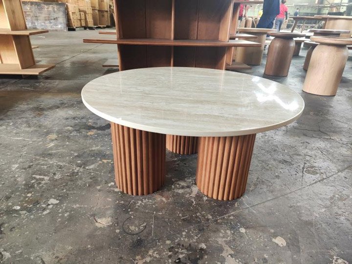 Round table with wooden pedestal base