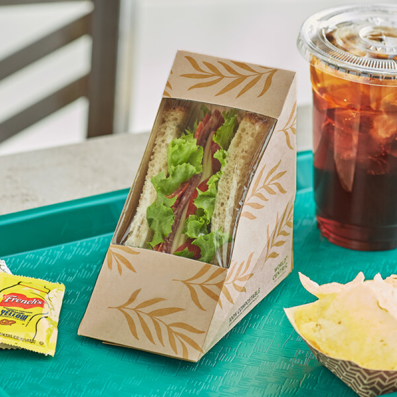 Sandwich wedge container with PLA window