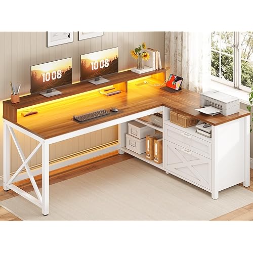 Farmhouse L-Shaped LED Gaming Desk
