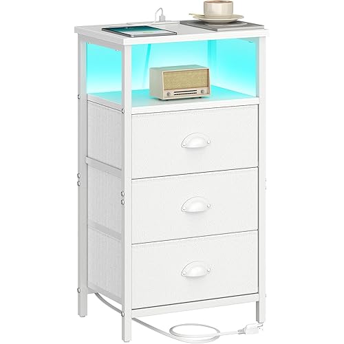 LED White Fabric Drawer Nightstand