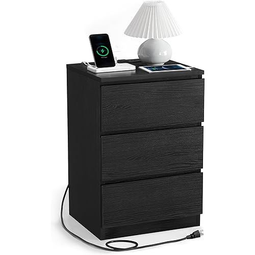 3-Drawer Black Modern Charging Nightstand