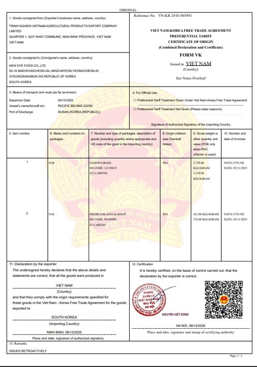 C/O Form VK – Lemon Grass & Fresh Galangal Root export to South Korea