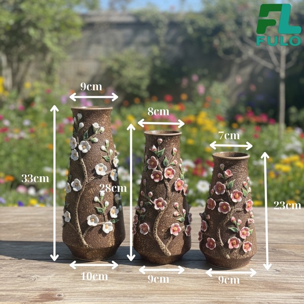 Set of 3 bowling vases with embossed peach blossoms