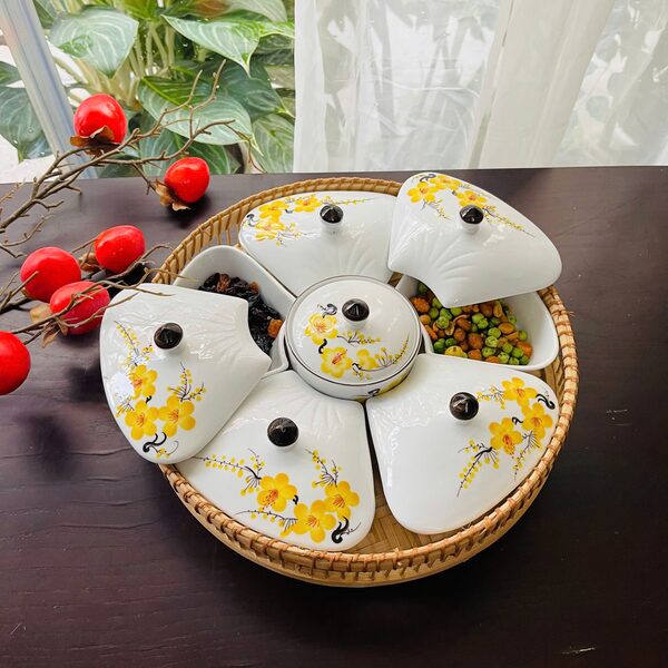 Lunar New Year ceramic candy tray set with yellow apricot blossoms