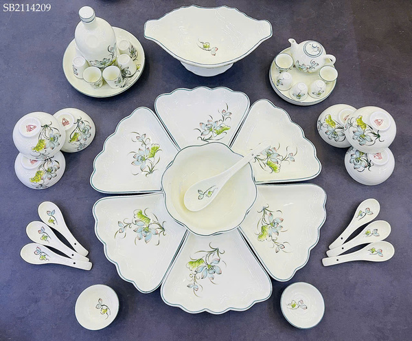 Lunar New Year ceramic candy tray set with blue lotuses