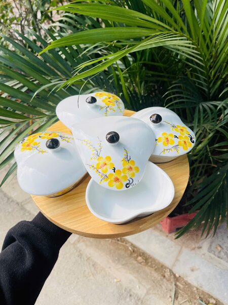 Heart-shaped Lunar New Year ceramic candy tray set with yellow apricot blossoms