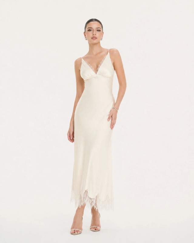 Lace trim satin slip dress