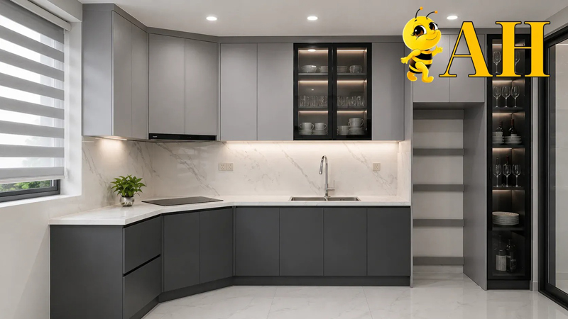 Glossy cement gray aluminum surface kitchen cabinet