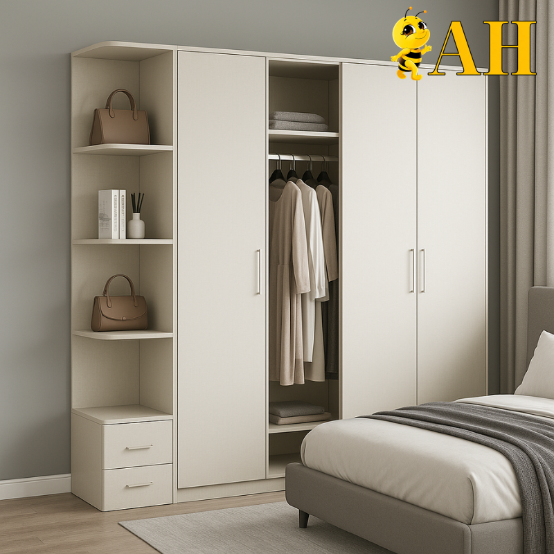 Wardrobe with decorative shelving